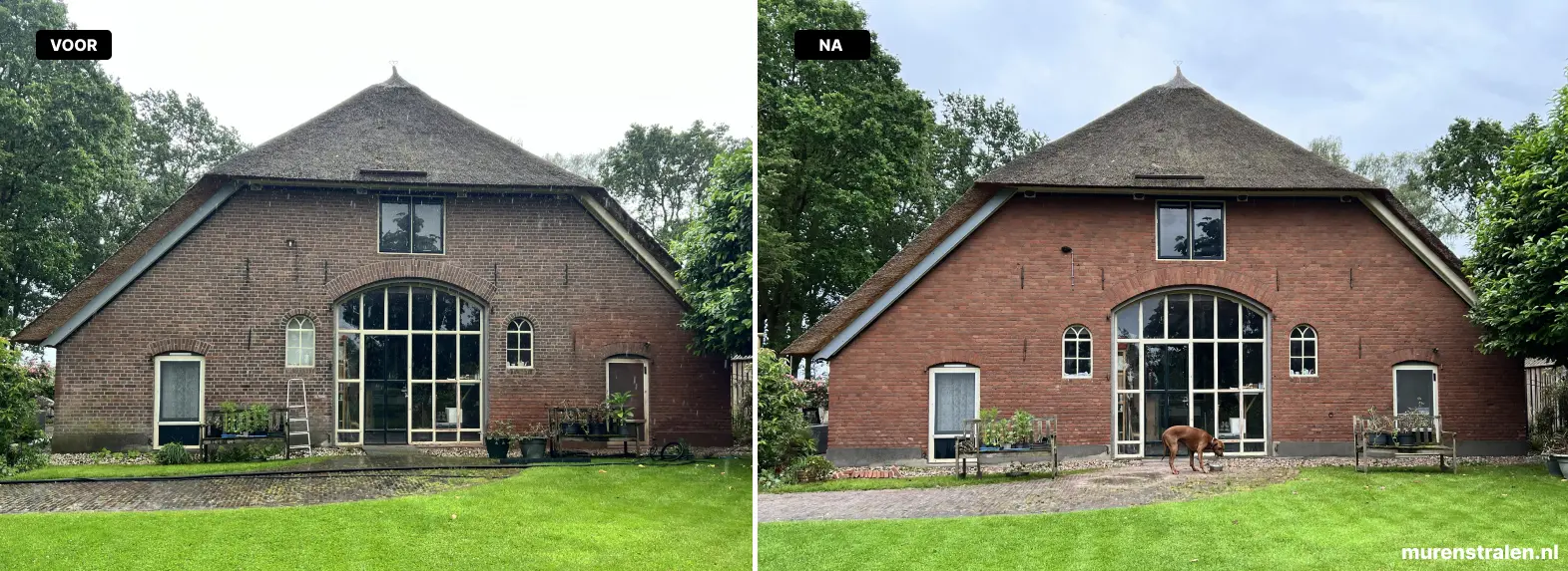 Het verschil tussen voor en na spreekt voor zich. Door professioneel zandstralen komen de oorspronkelijke kleuren van de bakstenen weer naar voren en krijgt de gevel zijn karakter terug